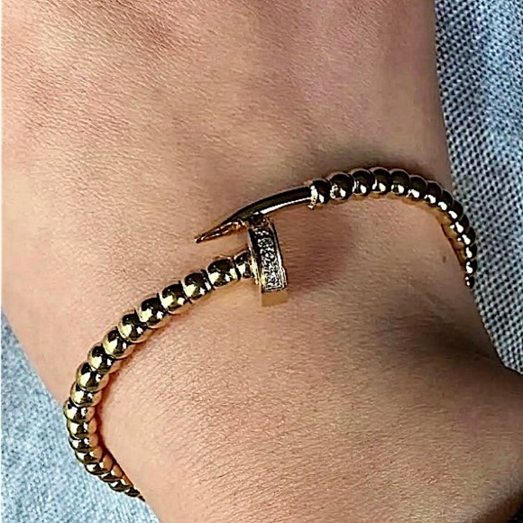 Gold Plated Beaded Nail Screw Tack Bangle Bracelet - Picture 2 of 6